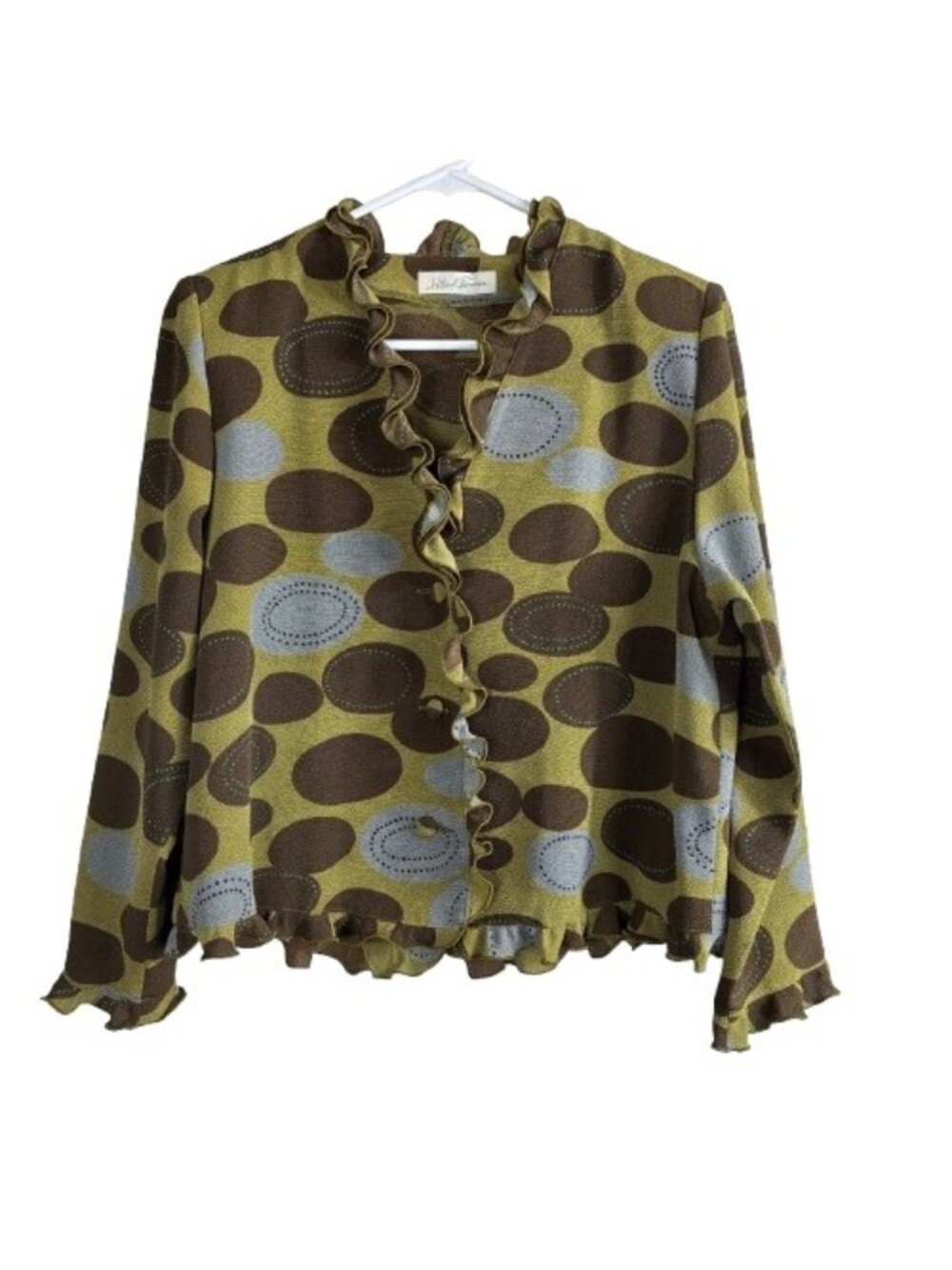 Vintage 80s Hitoshi Tamura Shisendo Ruffled Crepe Blouse Abstract Olive Brown L